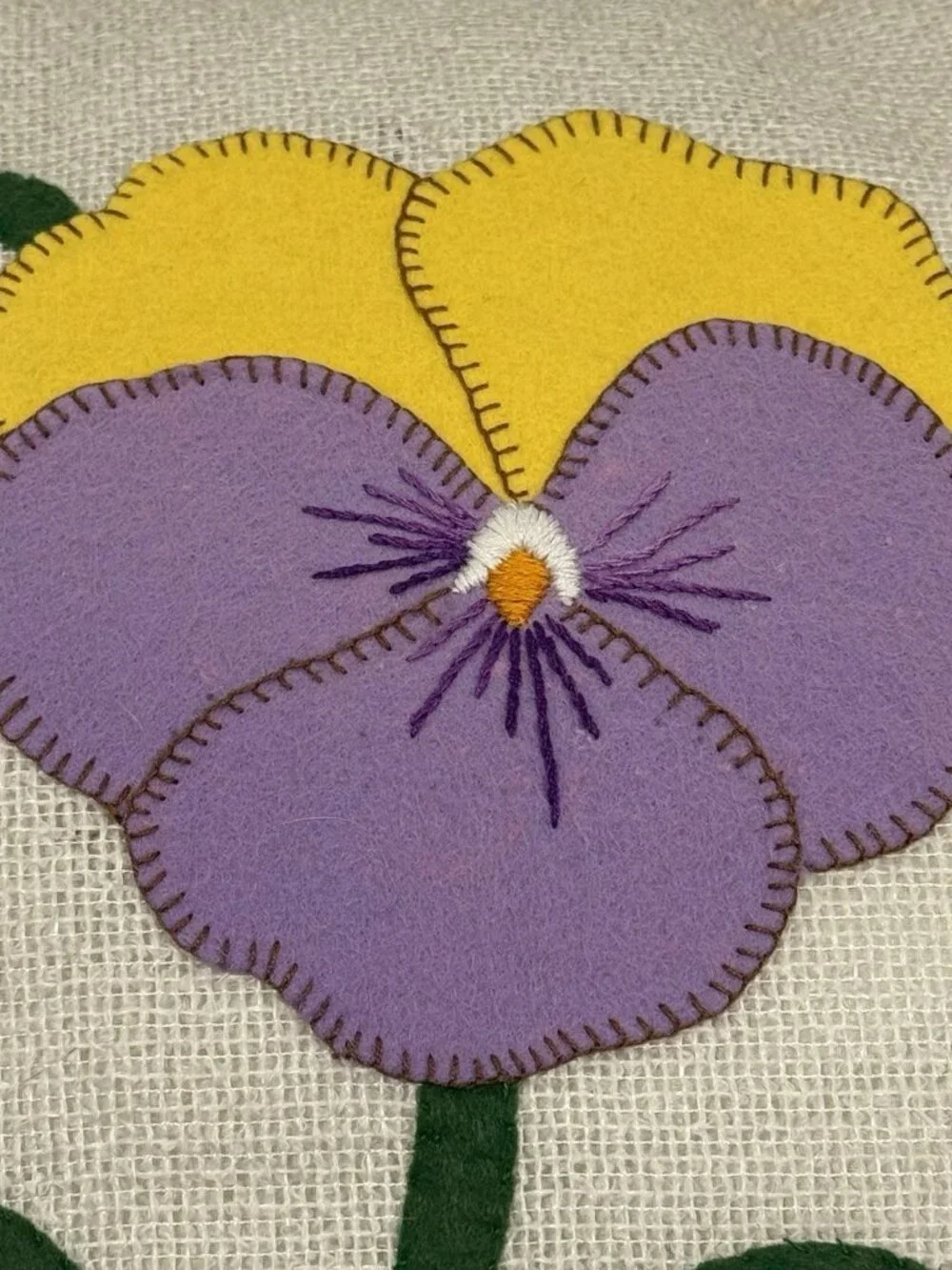 Vintage Handmade Applique Pansy Throw Pillow Felt Embroidery Flower Bee 14